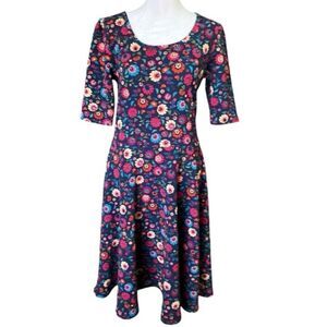 LulaRoe Navy with Multicolor Petite Flowers on Fitted Waist Flare Dress L